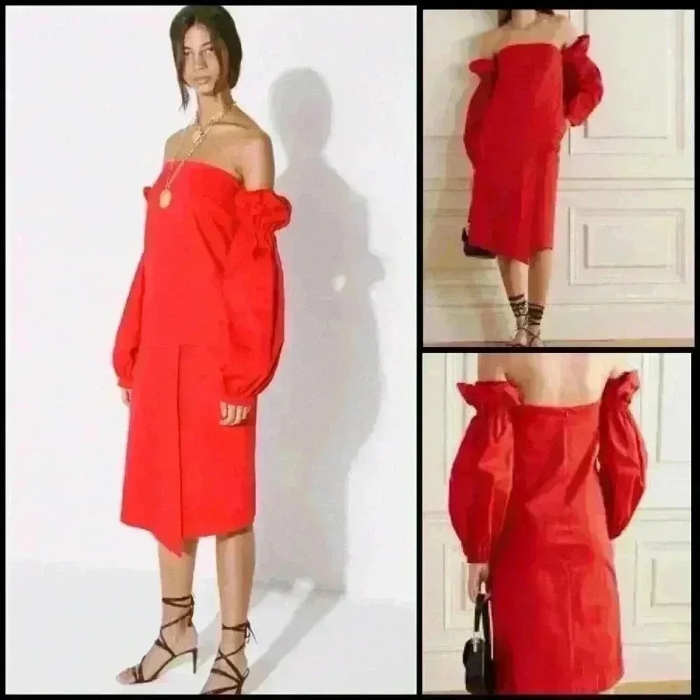 ÀCHEVAL PAMPA Net Sustain Nube Off-The-Shoulder Stretch-Cotton Red Midi Dress M